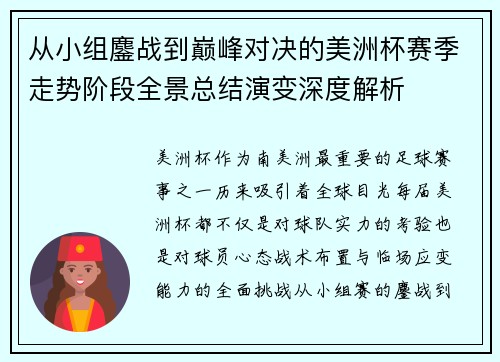 从小组鏖战到巅峰对决的美洲杯赛季走势阶段全景总结演变深度解析