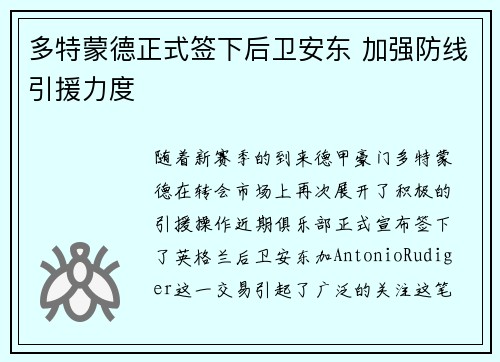 多特蒙德正式签下后卫安东 加强防线引援力度
